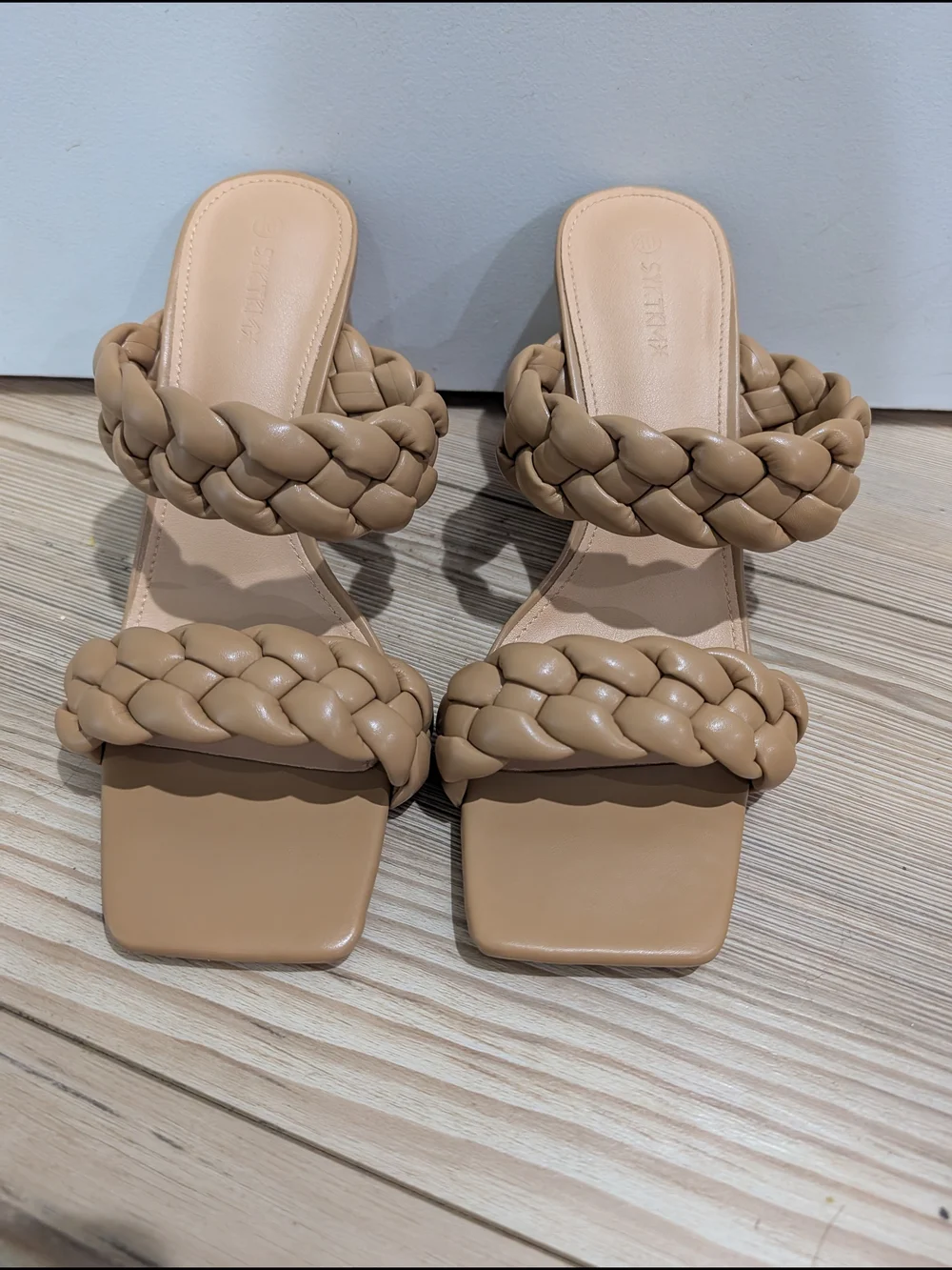 Braided Double-Strap Block Heel Mules in Tan